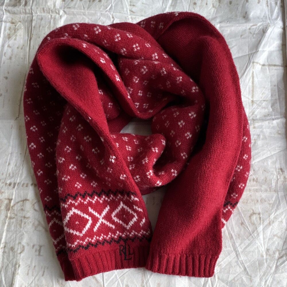 Lauren Ralph Lauren Fair Isle Knit Wool Rectangle Scarf 56x10 Red/White/Black